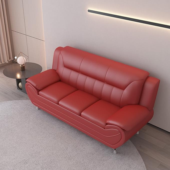 Container Furniture Direct Michael Modern Faux Leather Upholstered Stainless Steel Legs Living Room Sofa, Loveseat, Red