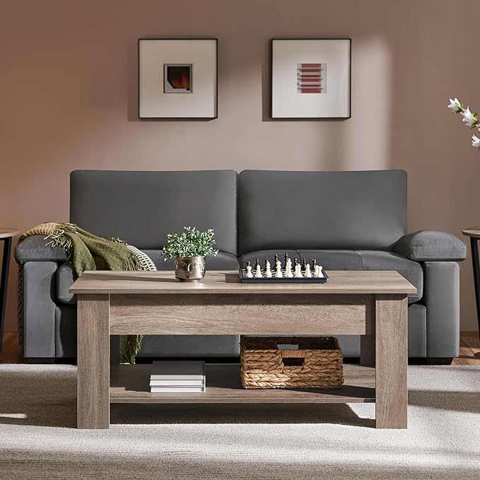 Yaheetech Lift Top Coffee Table with Hidden Compartment and Storage Shelf, Rising Tabletop Dining Table for Living Room Reception Room, 38.6in L, Grey