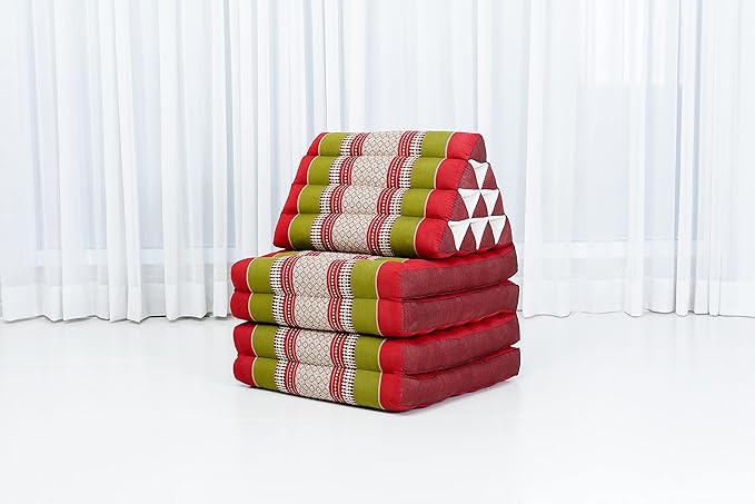 Leewadee Comfortable Japanese Floor Mattress - Thai Floor Bed with Triangle Cushion - Futon Mattress - XL Extra Long Thai Massage Mat, 89 x 20 inches, Green Red, Kapok Filling