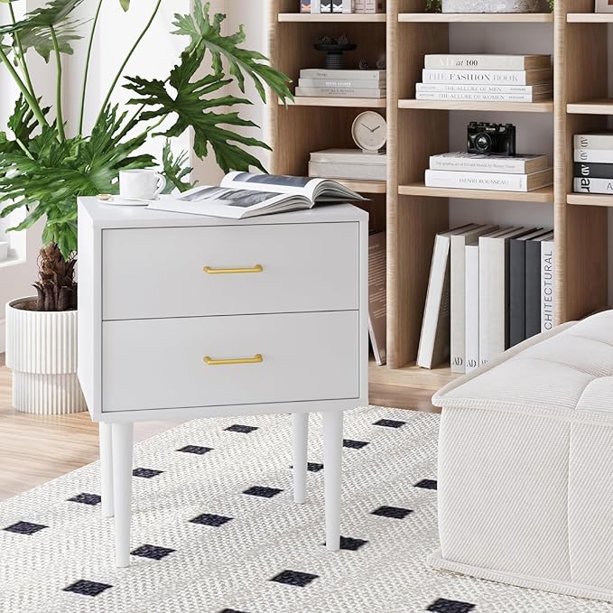 Set of 2 White Nightstand with 2 Drawers,Tall Night Stand with Gold Handles, Bedside Table with Solid Wood Legs, Nightstands for Bedroom