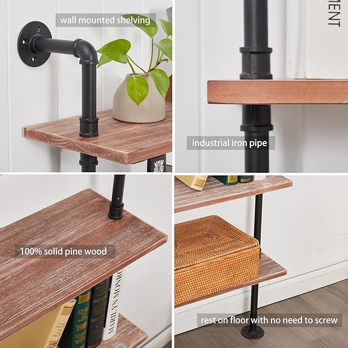5 Tier Industrial Ladder Shelf Bookcase, Wall Mounted Wood Metal Pipe Rustic Bookshelf for Living Room (Weathered Brown, 10" D x 36" W x 70" H)