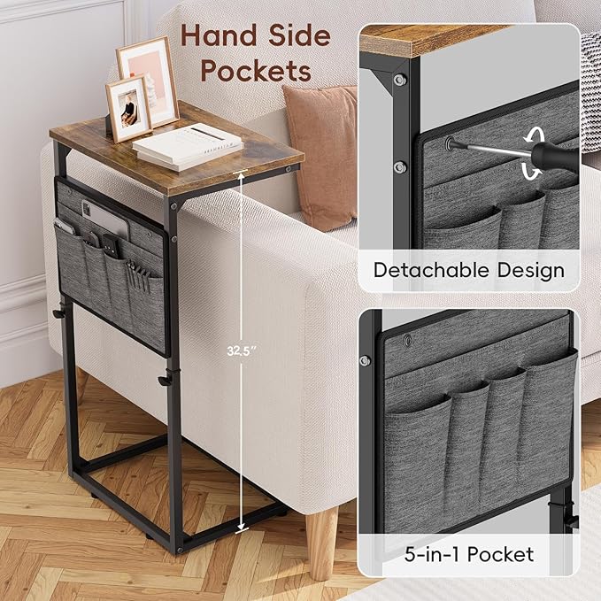 Vagusicc C Shaped End Table, 33'' Tall Side Table for Couch, Adjustable Height Small Couch Side Table for Small Spaces, End Table Slide Under Sofa Table TV Tray Table Arm Table for Living Room, Brown