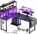 AODK L Shaped Desk Gaming Desk with LED Light & Power Outlet, 43 Inch Reversible L Shaped Computer Table with Shelf, Corner Desk with Storage Bag&Hook for Home Office Desk, Black
