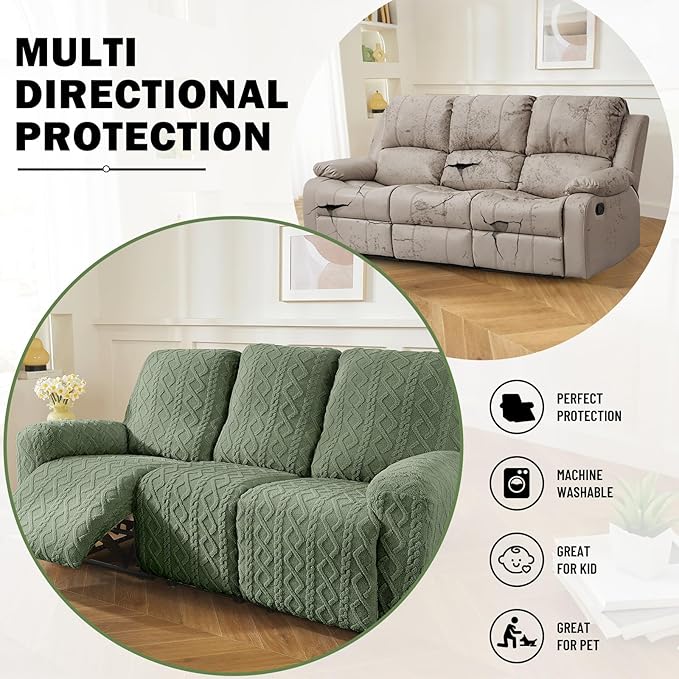 vctops 8 Pieces Geometric Jacquard Plush Recliner Sofa Covers Soft Fuzzy Fluffy 3 Seats Couch Cover Anti-Slip Sofa Slipcover Furniture Protector with Elastic Bottom for Kids Pet(Green,3 Seat)
