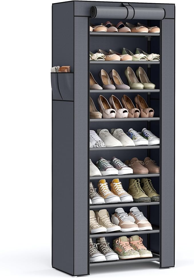 SONGMICS Shoe Rack with Non-Woven Fabric Cover, 9 Tier Storage Shelf for 27-35 Pairs of Shoes, Entryway, Suitable for Sneakers, High Heels, Flats, and Boots, Grey URXJ10G
