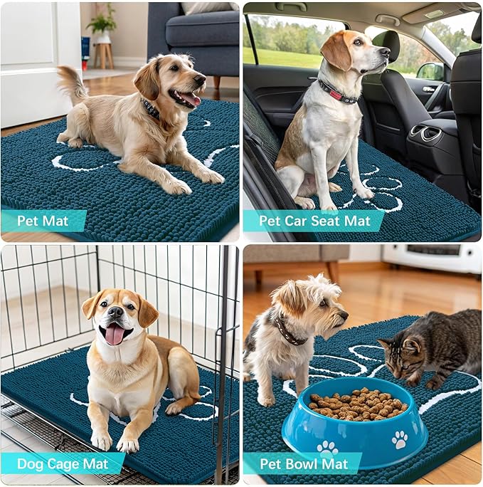 OLANLY Door Mat for Muddy Dog Paws 47x24, Absorbent Chenille Mud Doormat with Paw Print Design, Non-Slip Washable Doormat for Indoor Entryway, Quick-Dry Pet Bed Mats for Dirty Dogs, Atlantic Blue