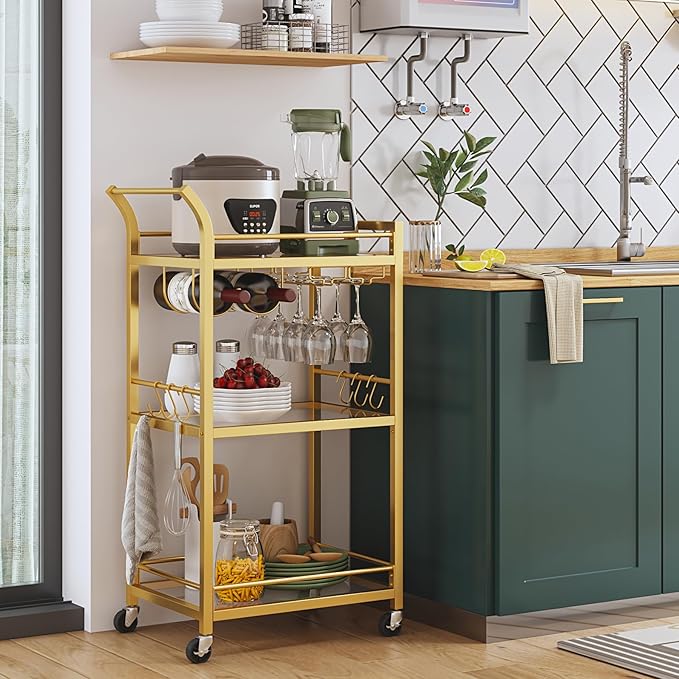 TUTOTAK Bar Cart, Home Bar Serving Cart with 3-Tier Mirrored Shelf, Wine Cart, Mobile Kitchen Shelf, Gold BC01BB034