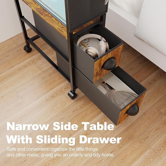 Narrow Side Tables with 2 Drawer for Small Spaces, Skinny Thin Bedside Nightstand End Table on Wheels, Rolling Slim Tall Desk with Storage Bag for Sofa Living Room Dorm Bedroom Couch Bathroom