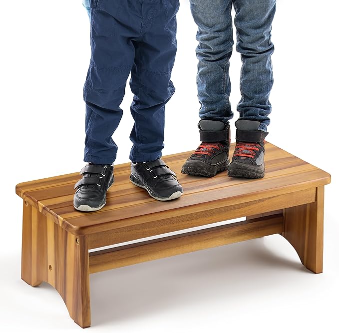 Extra Wide 26in Wooden Step Stool, Heavy Duty One Step Stool for Adults and Seniors, Holds Up to 550 lbs, Reinforced Cross Bar, Non-Skid Surface, Multipurpose Use for Kitchen, Bathroom, Bedroom