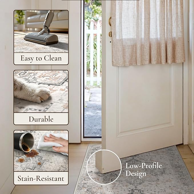 GENIMO 2'6''x16 Runner Rugs for Hallway, Machine Washable Non Slip Vintage Rugs, Low Pile Soft Chenille Print Rug for enrtyway, Corridor, Home Office,Light Taupe Brown