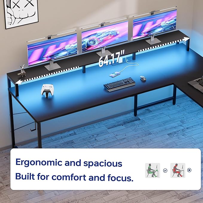 Pamray 64 Inch L Shaped Gaming Desk with Power Outlets and Led Lights, Large Corner Computer Desk with Monitor Stand and Pegboard, PC Table for Home Office and Bedroom White