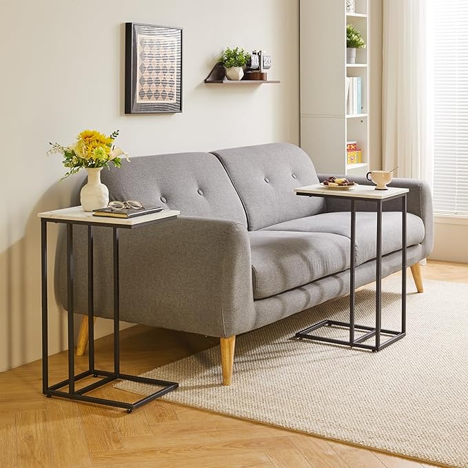 Side Table Small End Table C Shaped, Slide Under Laptop Desk for Couch, Living Room Side Table Set of 2, TV Trays for Eating on Couch, Faux Marble+Black YD-TM051B-2