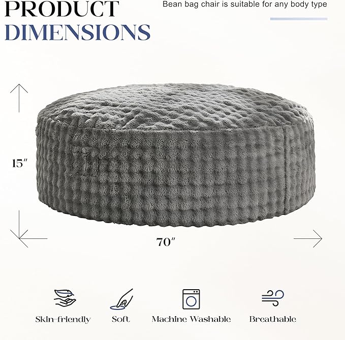 Hobestluk Bean Bag Chairs 6ft Beanbag Chair with Filler Adult Bean Bags with Fluffy & Machine Washable Cover, Giant Bean Bag Chairs for Adults (Grey, 6FT-70" x 70" x 15")