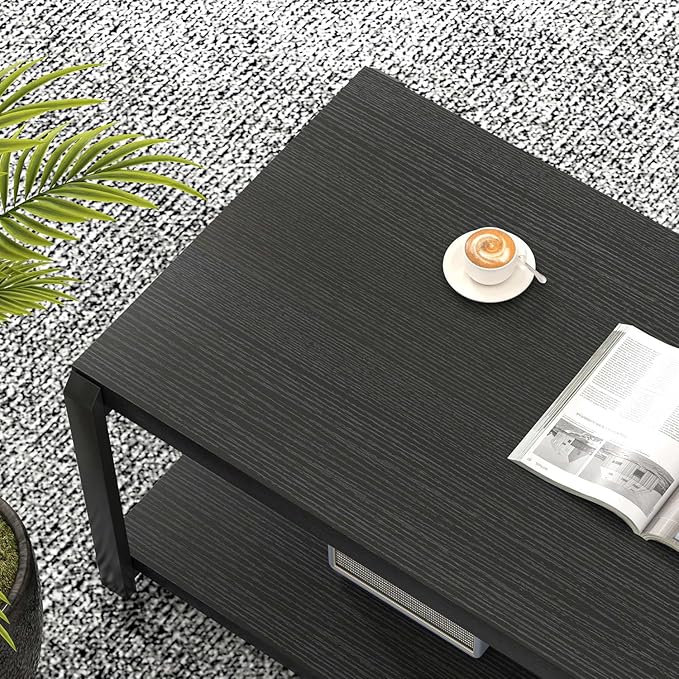 EXCEFUR Black Coffee Table, Modern Rustic Wood Center Table for Living Room, Industrial Rectangle Cocktail Tea Table with Storage Shelf