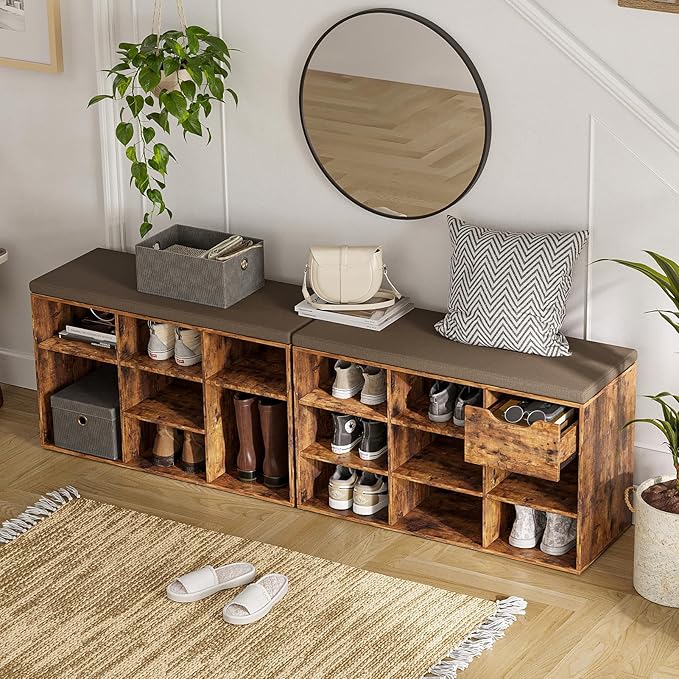 DINZI LVJ Shoe Bench, Entryway Storage Bench with Drawer and 8 Cubbies, Cubby Shoe Rack with Adjustable Shelves, Shoe Organizer Cabinet for Living Room, Bedroom, Mudroom and Garage, Rustic Brown