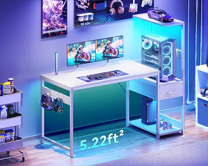Casaottima 48 Inch Gaming Desk with Storage & LED Lights, Reversible Computer Desk with Display Shelves & Fabric Drawer, Modern Gamer Desk Table with Side Headphone Hook, Carbon Fiber White