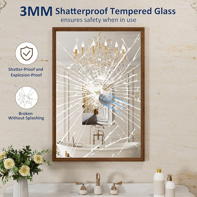 WEER Bathroom Mirror, 24x36 Inch Wall Mirror, Walnut Wood Grain Framed Mirror, Rectangle Vanity Mirror, Tempered Glass, Anti-Rust, Hangs Horizontally or Vertically