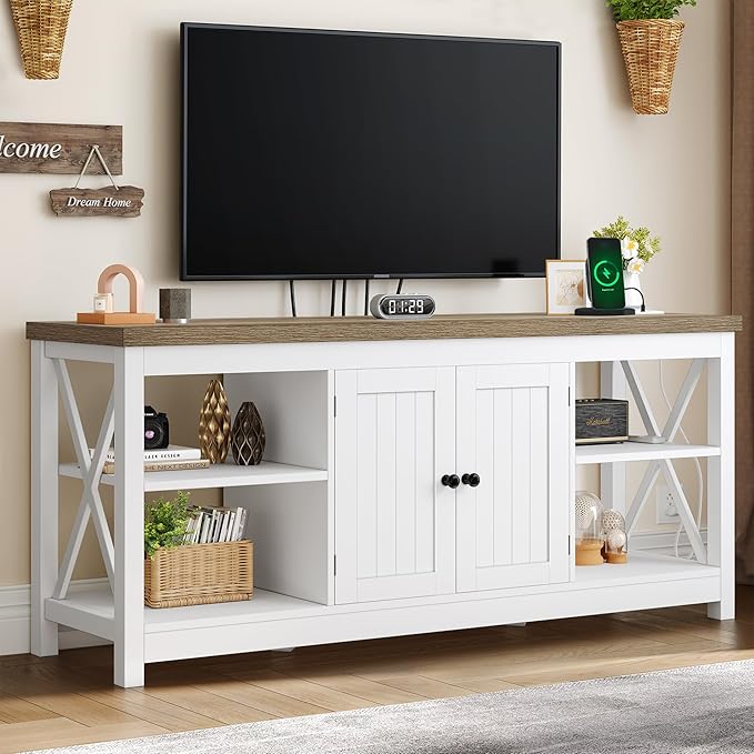 YITAHOME TV Stands for Living Room, Modern Entertainment Center with Power Outlets for Television up to 65 Inch, Farmhouse Media Console TV Cabinet with Adjustable Shelf & Open Shelves, White