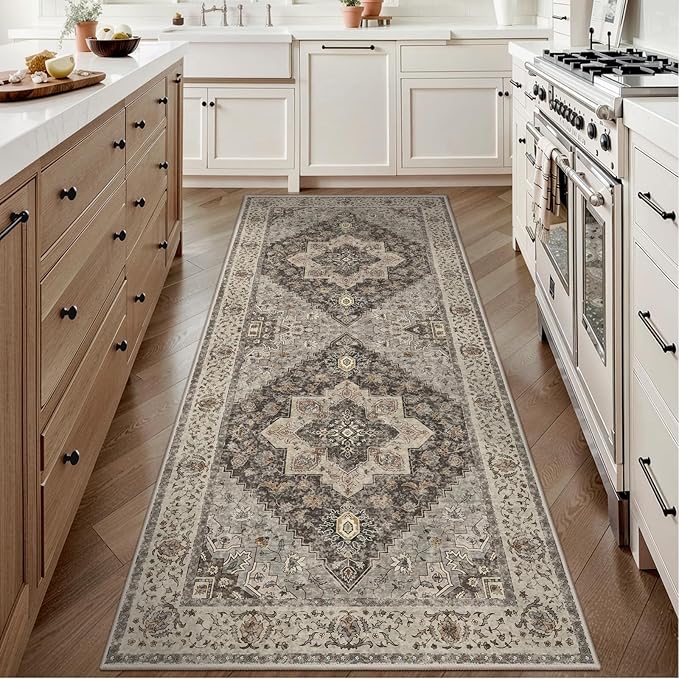 Tangsoo 2x6 Washable Runner Rug for Hallways, Non Slip Vintage Runner, Soft Low Pile Long Rug Runner, Print Distressed Brown/Grey Carpet Runners for Kitchen Bedroom Entryway Bathroom Living Room