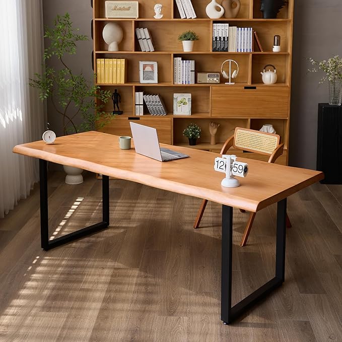 Stylish Solid Wood Office Desk with Sturdy Metal Base - Durable Executive Computer Desk or Dining Table in Multiple Sizes - Perfect for Home Office and Work Environments (Tan62.99in)