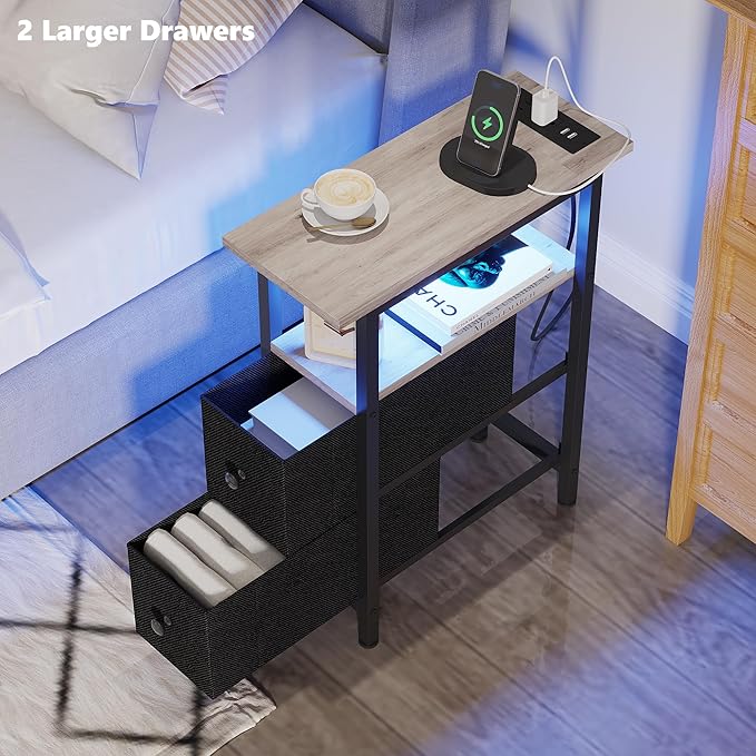 End Table with Charging Station, Narrow Side Table with 2 Fabric Drawers, Skinny Nightstand with LED Light, Slim Bedside Table for Bedroom, Living Room, Small Spaces, Greige and Black
