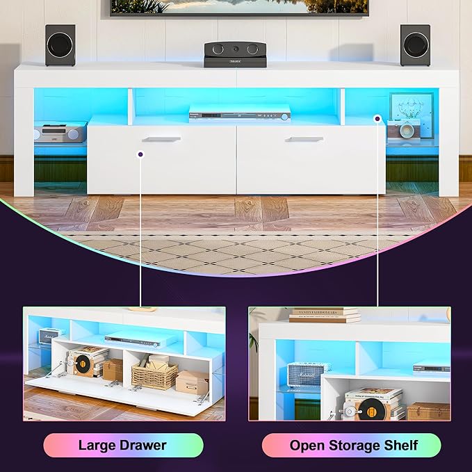 Clikuutory Modern Lighting 63 inch TV Stand with Large Storage Drawer for 50 55 60 65 70 75 Inch TVs, TV Console with 20 Color LED Lights, Entertainment Center Media and Open Shelf for Bedroom, White