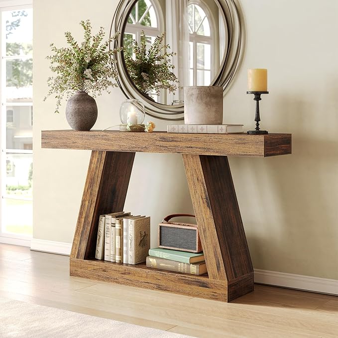 LITTLE TREE 55-Inch Sofa Table with Storage, Farmhouse Console Table for Home, Rectangular Wooden Entryway Furniture for Living Room, Bedroom, Office, Hallway, Brown