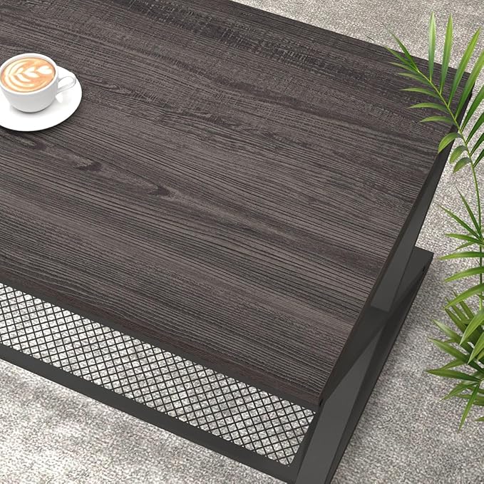 LVB Industrial Grey Coffee Table, 2 Tier Wood Metal Living Room Table, Wooden Rectangle Center Table with Storage, Farmhouse Low Cocktail Tea Table for Home Office Bedroom, Dark Gray Oak, 39 Inch