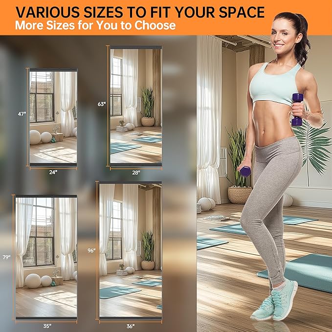 Hasipu 2 Pcs 94''x39'' Home Gym Mirror Large Full Length Wall Mounted Full Body Mirror for Yoga Dance Fitness Exercise Studio Bedroom Garage, Frameless Tempered Glass Workout Mirrors Black Rectangular