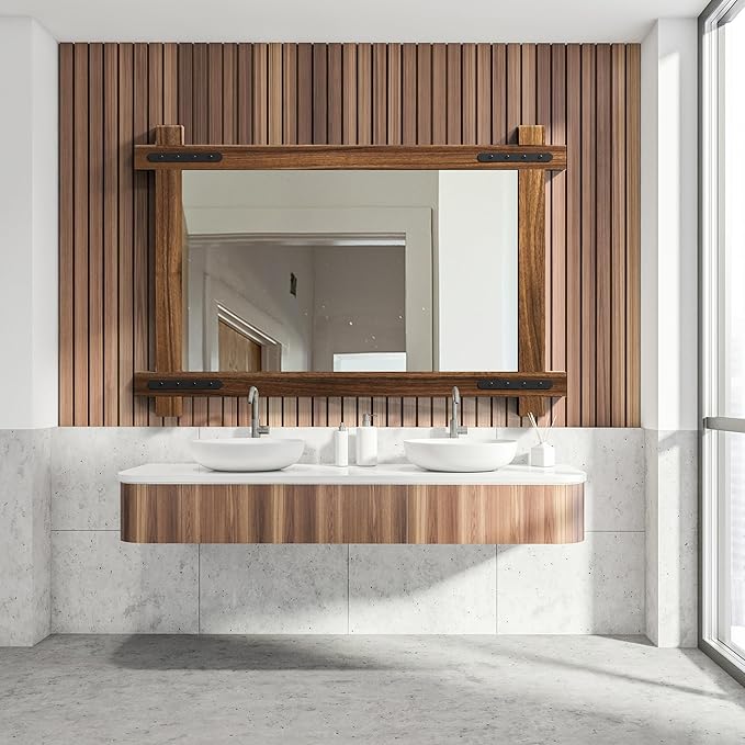 YOSHOOT Farmhouse Wood Bathroom Mirror, 32"x24" Rustic Wall Mirror, Round Corner Vanity Mirror for Decor, Vertical or Horizontal Hanging, Selected Wood, 100% Handmade