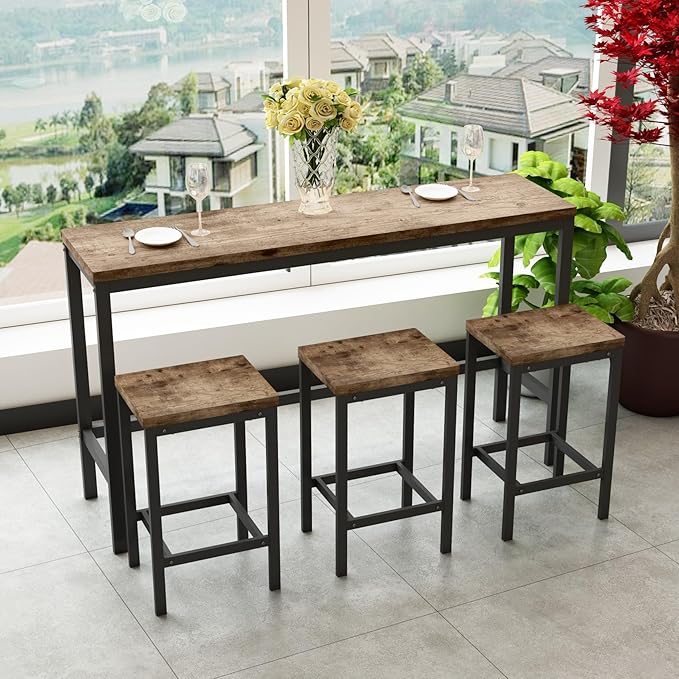 KEIKI 60.24” Long Bar High Top Dining Table and 3 Stools Chairs Set, Wood Behind Couch Sofa Counter Height Pub Furniture for Breakfast, Kitchen Living Party Room, Natural