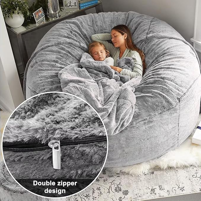 BCU 6FT Bean Bag Chair for Adults and Kids Without Filler Giant Stuffed Animal Storage Cover Soft Faux Fur Floor Chair Cover for Bedroom Living Room, Black