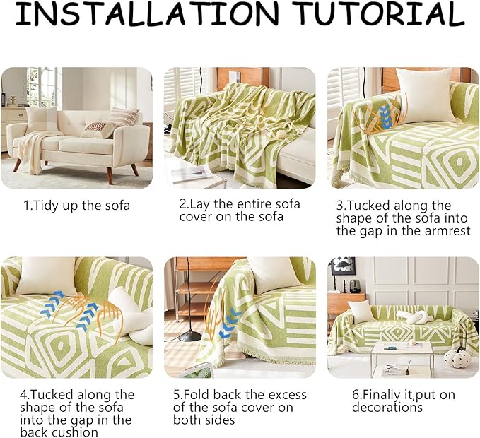 HANDONTIME Green Sofa Covers Chenille Couch Covers Universal Sofa Cover Boho Cover for Sofa 3 Seats Dogs Couch Furniture Protector Couch Cushion Covers Sectional Couch Covers for L Shaped, 91" X150"