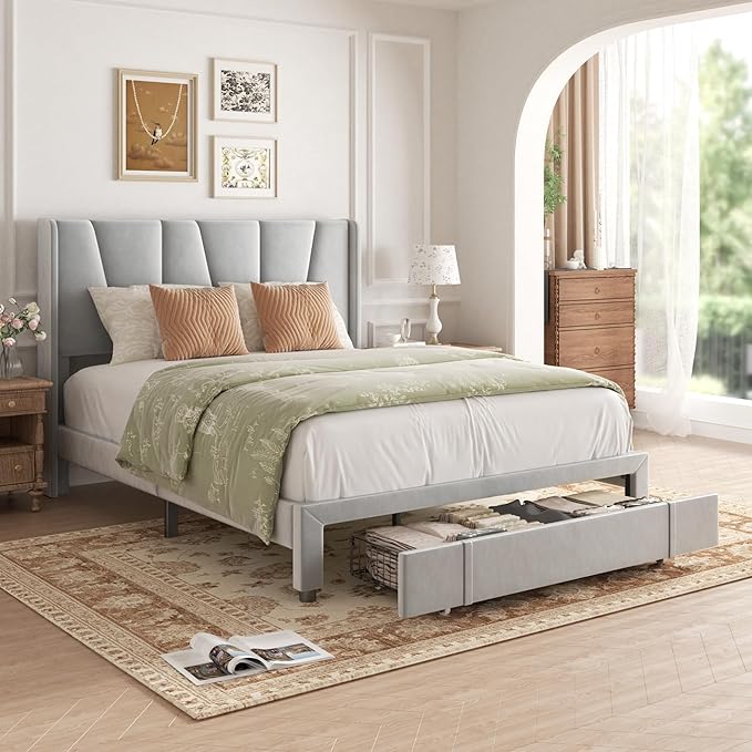 Queen Bed Frame with Storage Drawers, Upholstered Platform Bed with Headboard and Wingboard, No Box Spring Needed, Noise Free, Easy Assembly, Wooden Support Slats, Light Grey