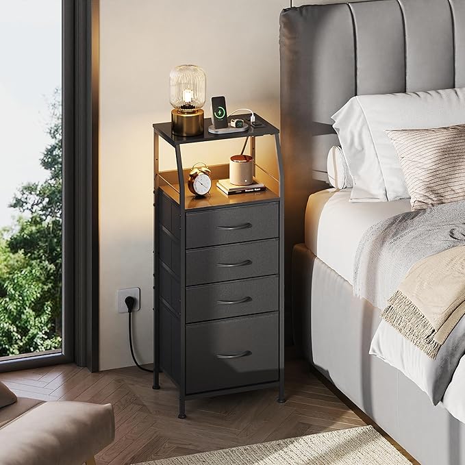 WLIVE Night Stand with Charger Station, LED Nightstand with 4 Fabric Drawers and Storage Shelf, Tall Dresser for Bedroom, 37.48" H Bedside Table with 3 USB Ports and Outlets, Black