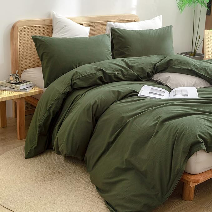 BESTOUCH Duvet Cover Set 100% Washed Cotton Linen Feel Super Soft Comfortable Chic Lightweight 2 PCs Home Bedding Set Solid Olive Green Twin/Twin XL