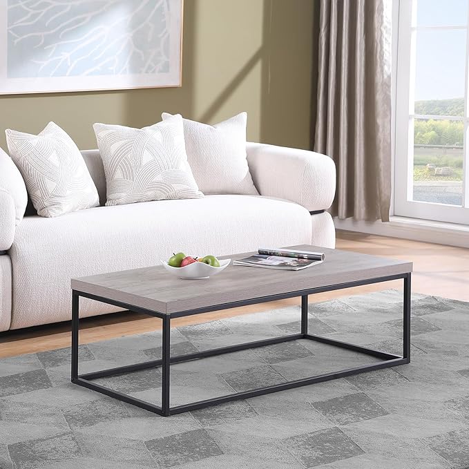 CENSI 47-Inch Grey Wash Accent Coffee Table/Center Table for Living Room, Rectangle Modern Industrial Style,Wood and Metal, Max.Loading 220 lbs. (French Oak)
