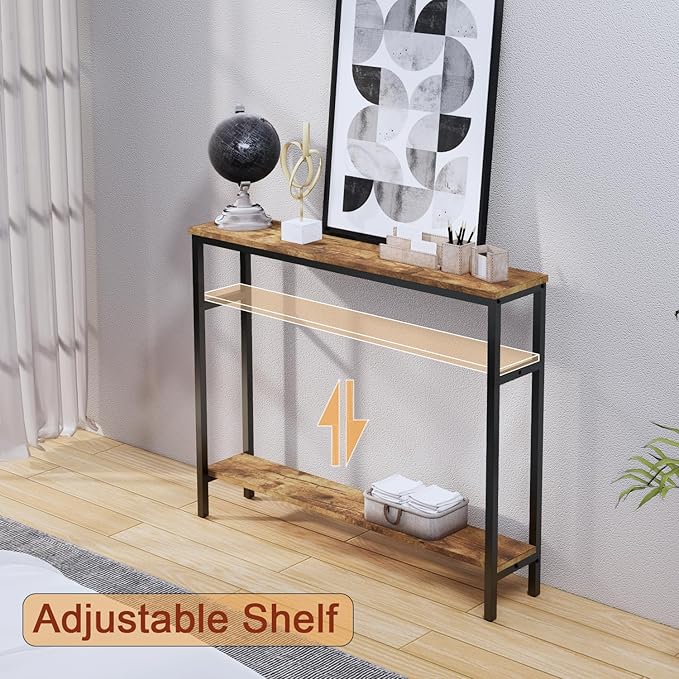 Narrow Console Table, 39.4” Sofa Table with Adjustable Shelf, 2-Tier Long Skinny Table for Hallway, Entryway, Living Room, Foyer, Rustic Brown