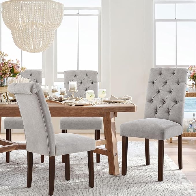 COLAMY Button Tufted Dining Chairs Set of 4, Parsons Upholstered Fabric Dining Room Chairs Kitchen Chairs with Wood Legs and Padded Seat, Light Grey