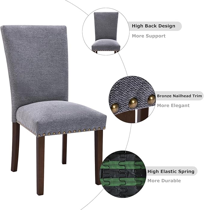 COLAMY Upholstered Parsons Dining Chairs Set of 4, Fabric Dining Room Kitchen Side Chair with Nailhead Trim and Wood Legs - Dark Grey