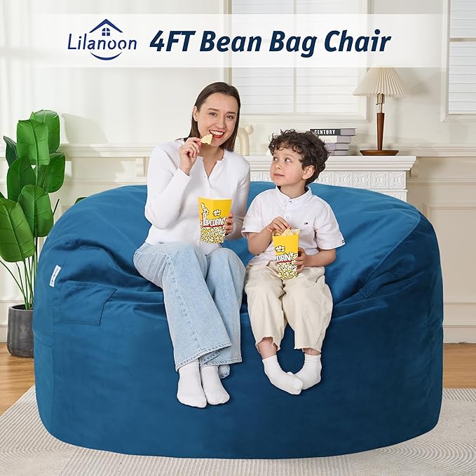 4FT Bean Bag Chair with Ultra Soft Velvet Cover Bean Bag Sofawith Memory Foam Bean Bag Chairs with Large Size Lazy Sofa for Dorm Office Living Room Bedroom Blue 4'