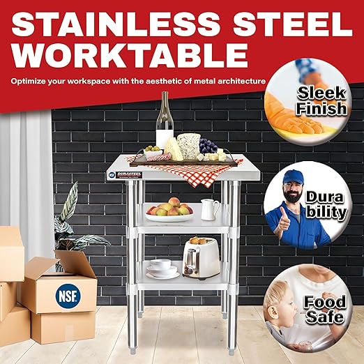 DuraSteel Food Prep Stainless Steel Table - 24 x 24 Inch Commercial Metal Workbench with Adjustable Under Shelf - NSF Certified - for Restaurant, Warehouse, Home, Kitchen, Garage