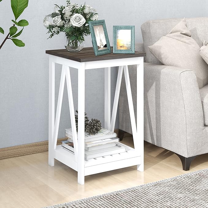 Farmhouse Square End Table, Accent Side Table with Slats Design, Sofa Side Table with Sturdy Frame for Living Room, Dark Grey