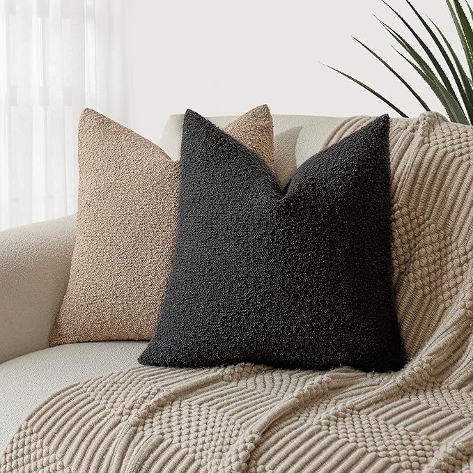 Foindtower Set of 2, Decorative Textured Boucle Throw Pillow Covers Accent Solid Pillow Cases Soft Cozy Couch Cushion Case for Chair Sofa Bedroom Living Room Home Decor 22 x 22 Inch Black