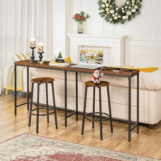 HOOBRO Bar Stools, Set of 2 Bar Chairs, Kitchen Round Height Stools with Footrest, Breakfast Bar Stools, Sturdy Steel Frame, for Dining Room, Kitchen, Party, Easy Assembly, Rustic Brown BF03BY01
