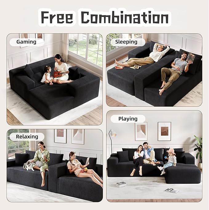 Cloud Sectional Couch, 104”L-Shape Oversized Sofa with Left Chaise Lounge, Modular Sleeper Couch with Pillows & Deep Seat, Rain Drop Velvet Fabric Compressed Sofa for Living Room, Black