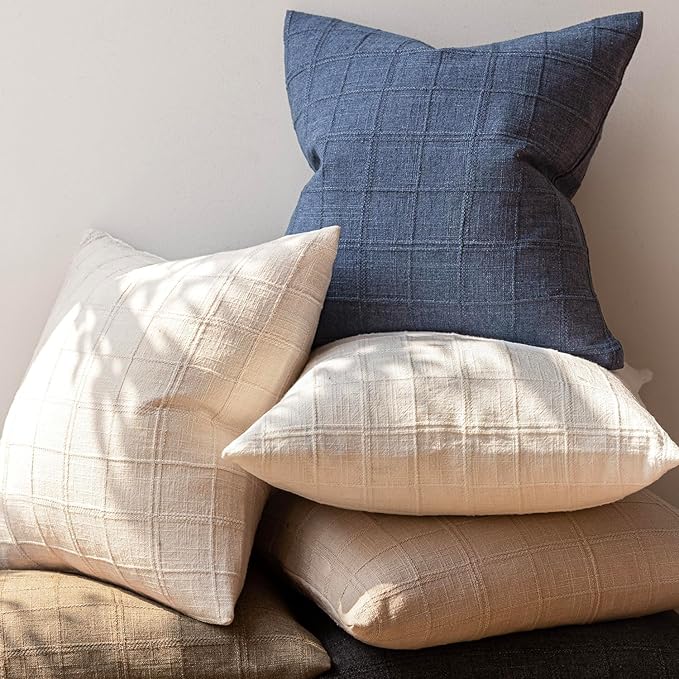Foindtower Set of 2 Decorative Linen Check Throw Pillow Covers Neutral Farmhouse Vintage Cushion Covers Modern Coastal Boho Home Decor for Sofa Chair Couch Bedroom Living Room Outdoor,18×18 Inch,Blue