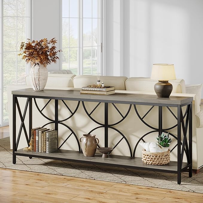70.9-Inch Extra Long Sofa Table, Narrow Console Table Behind Couch with Storage for Entryway, Living Room, Entrance, Hallway, Foyer, Unique Geometric (Grey)