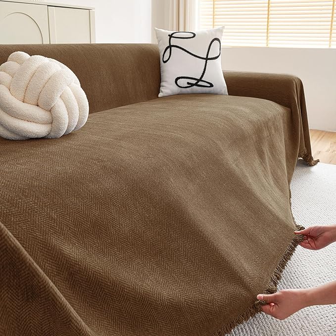 hyha Couch Cover for Dogs, Boho Sofa Covers for 3 Cushion Couch Washable, Chenille Sofa Slipcover for Pets, Soft Loveseat Sectional Couch Throw Blankets with Tassels (Chocolate, 71x118 Inch)