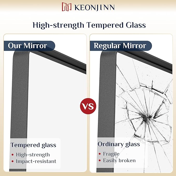 Keonjinn Black Bathroom Mirror for Over Sink, 72” x 36” Large Rounded Rectangle Bathroom Vanity Mirror, Matte Black Farmhouse Wall Mirror, HD Tempered Glass, Seamless Metal Frame(Horizontal/Vertical)